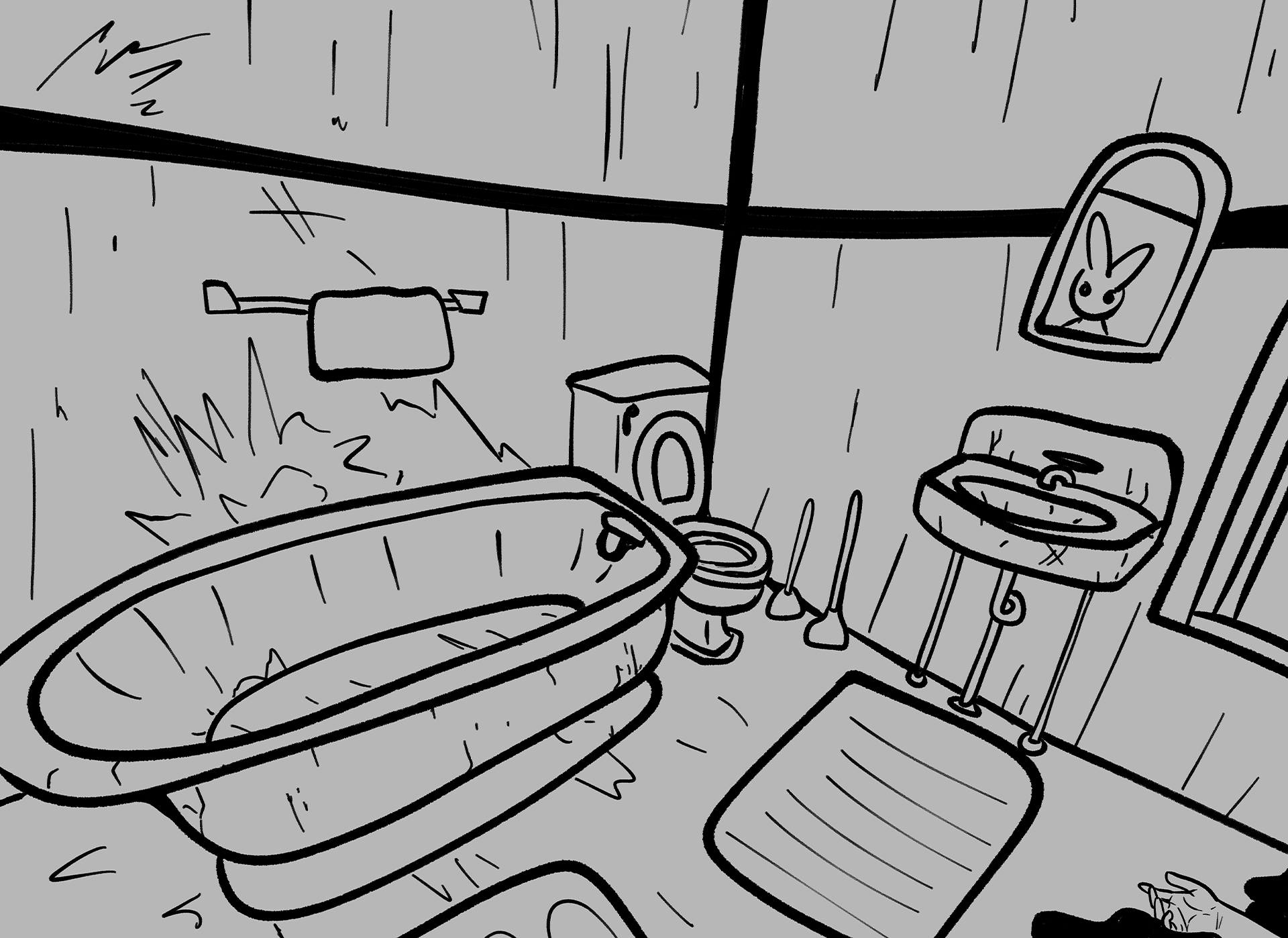 The black and white concept art provided by my assigned artist. It shows a decrepit bathroom with an ominous figure of a rabbit in the mirror, hidden in the bottom right corner is a splatter, and a limp hand.