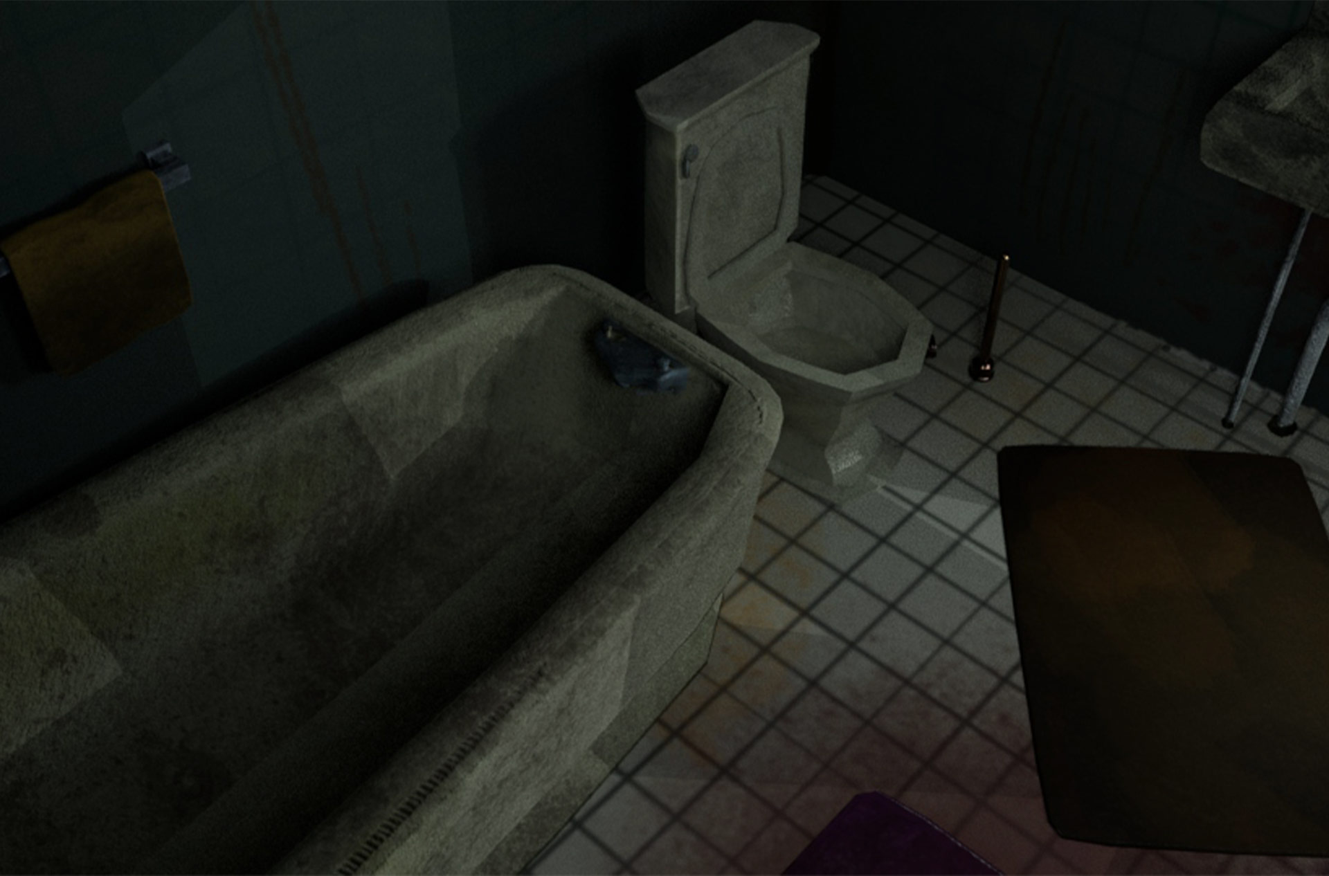 An image of another angle of the bathroom. Here, the bathtub and toilet are more clearly visible. Both are incredibly dirty.