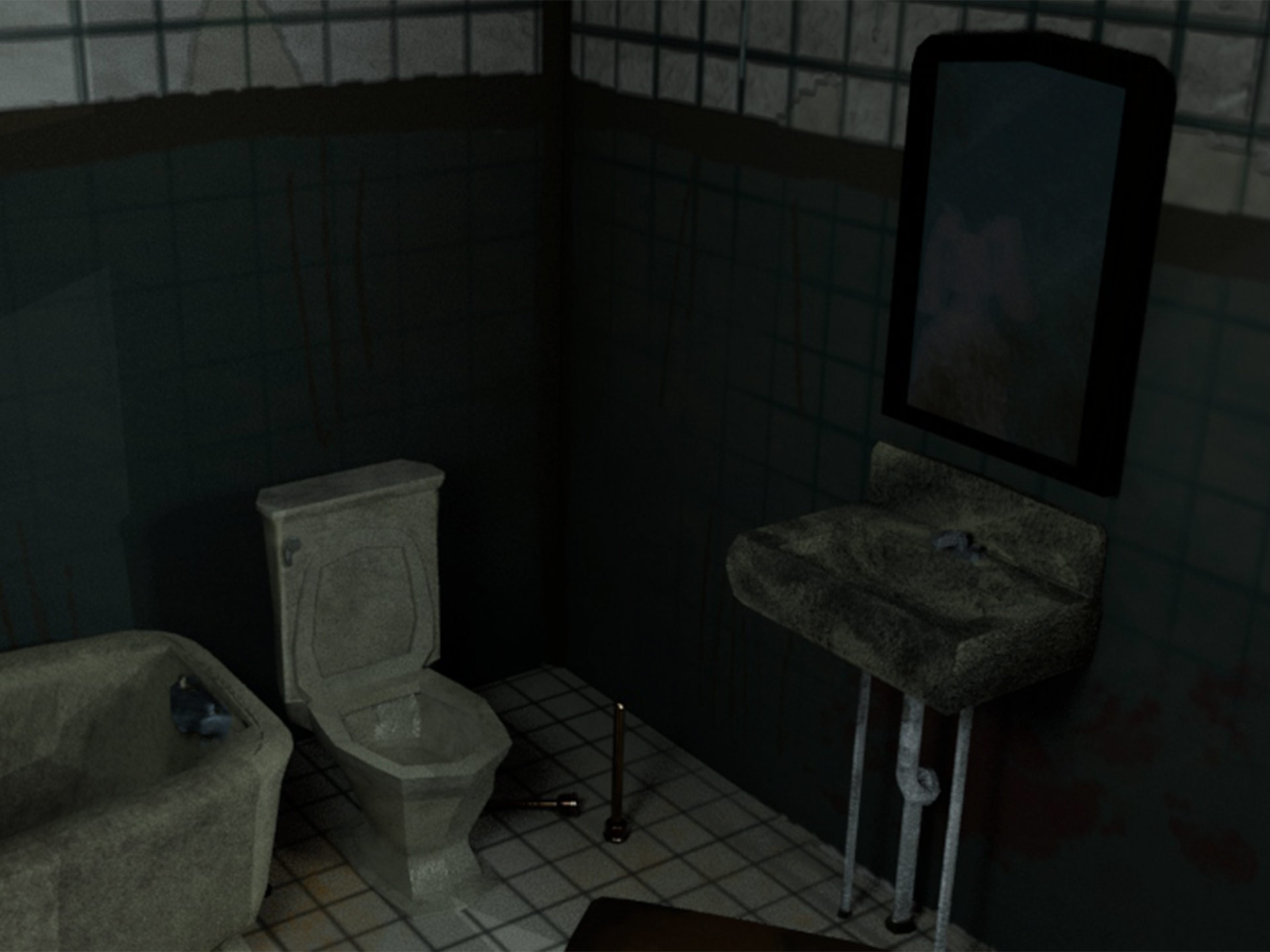 An image of another angle of this bathroom, the mirror and sink are more clearly visible in this view. There is a blurry pink bunny behind all of the dirt texture on the mirror's glass.
