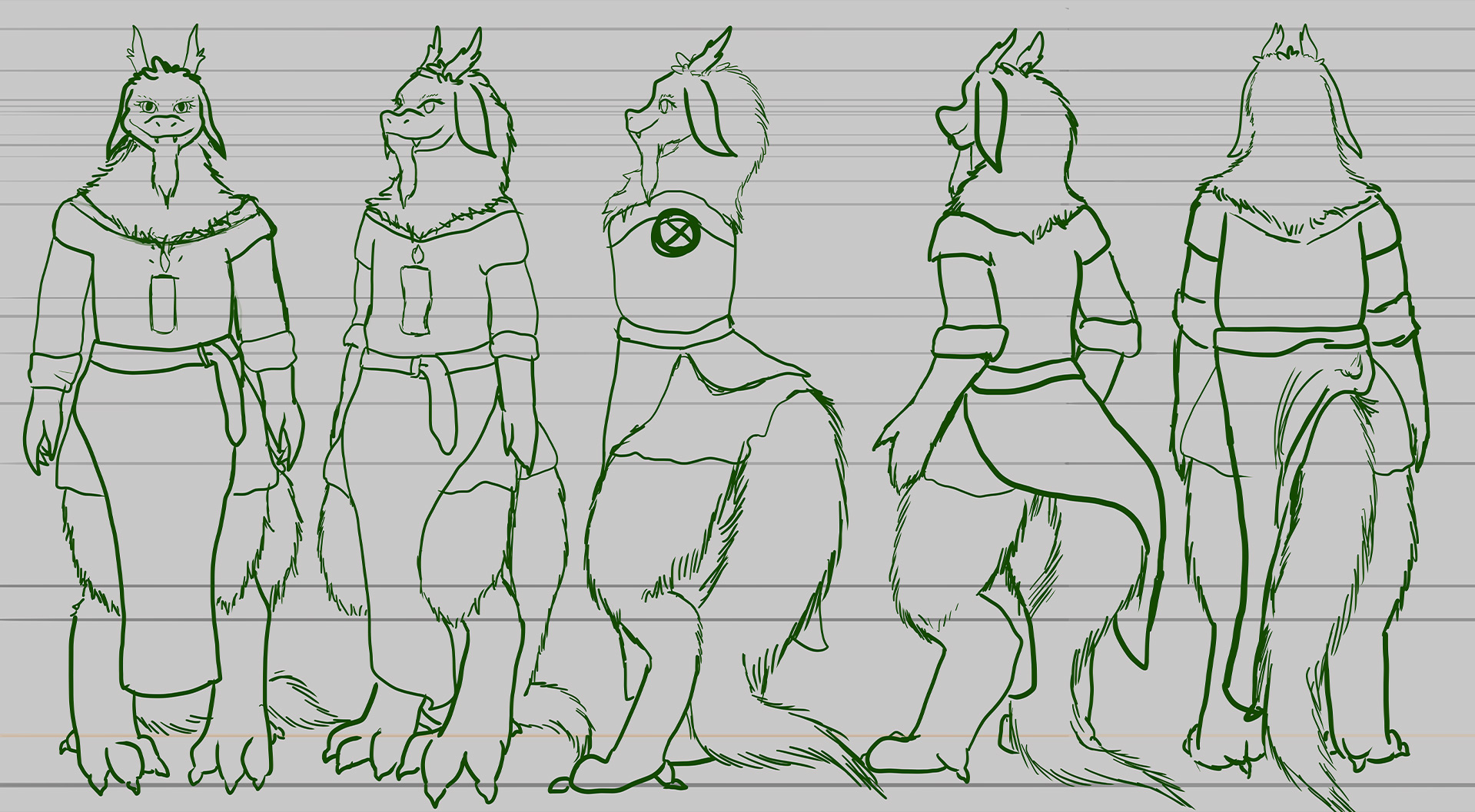 This is the rotation sheet for the bipedal dragon creature. Here we see the creature in a full rotation, showing how he looks from every angle and how his clothes might fall on him.