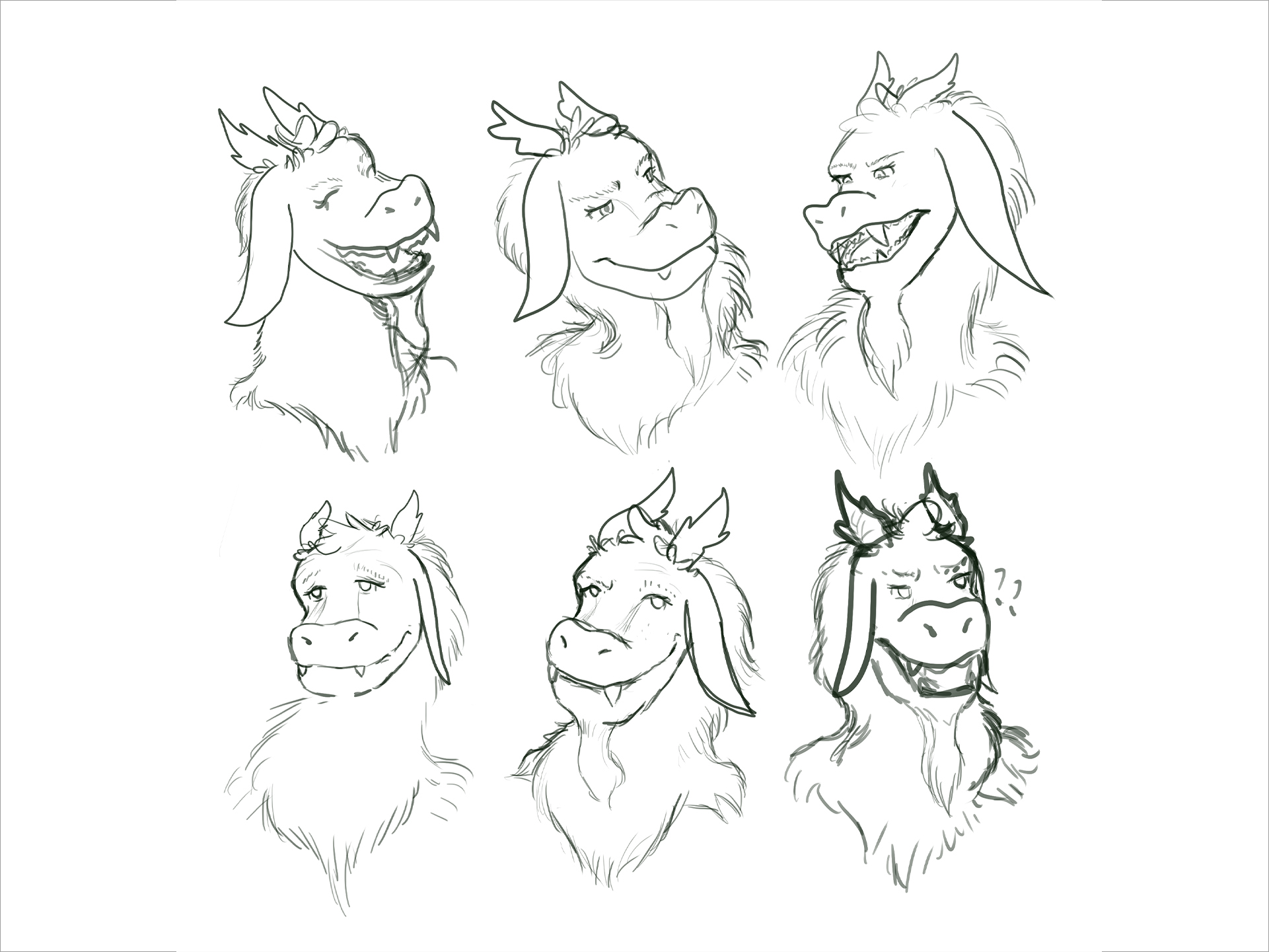 This is a simple expression sheet for the character. We see several expressions, {list them here}. Each expression also plays with the idea of how flexible this character's neck might be.