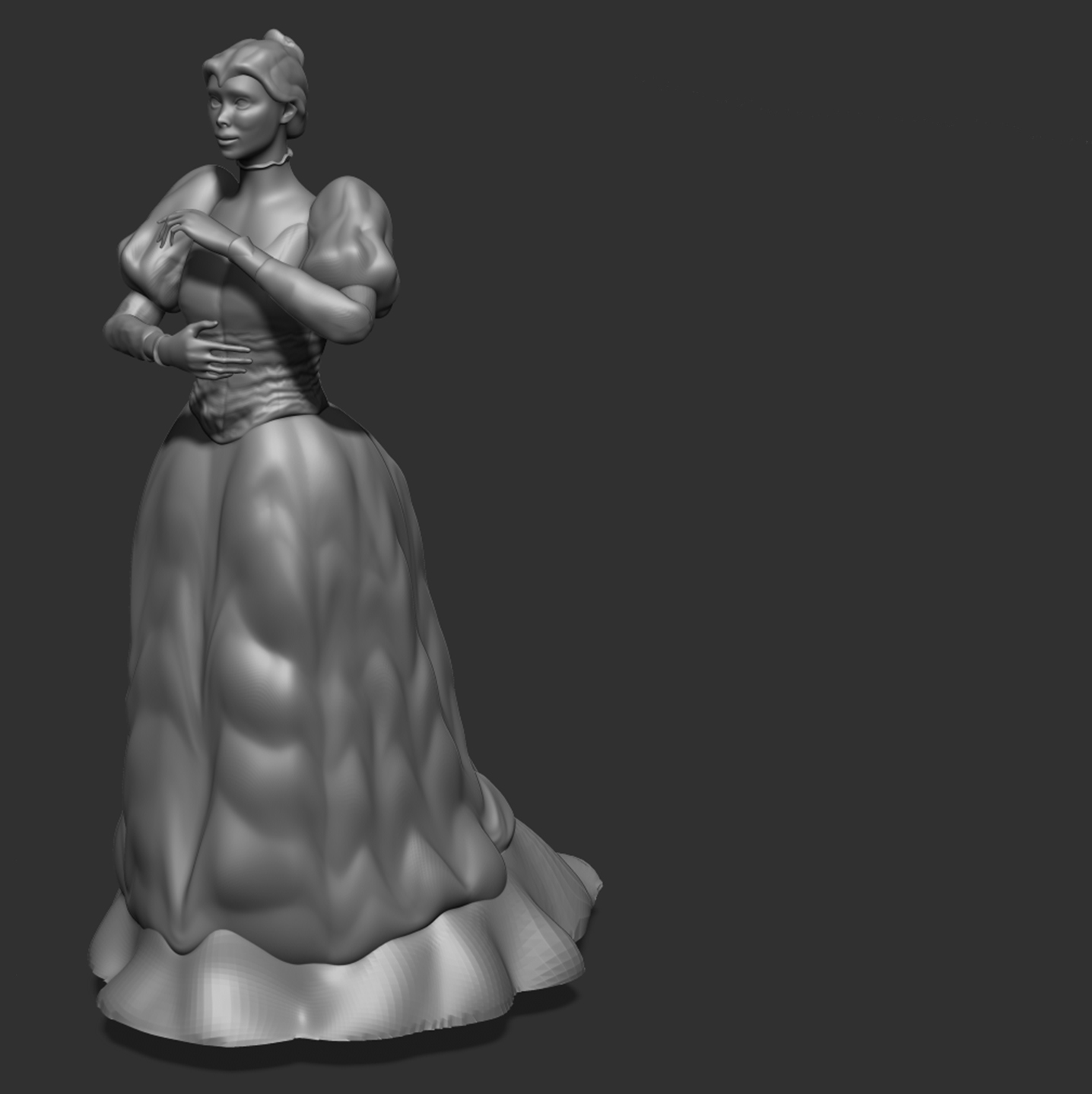 An image of a three quarters view of a digital 3d sculpt of a bride, she is missing her veil and other accessories