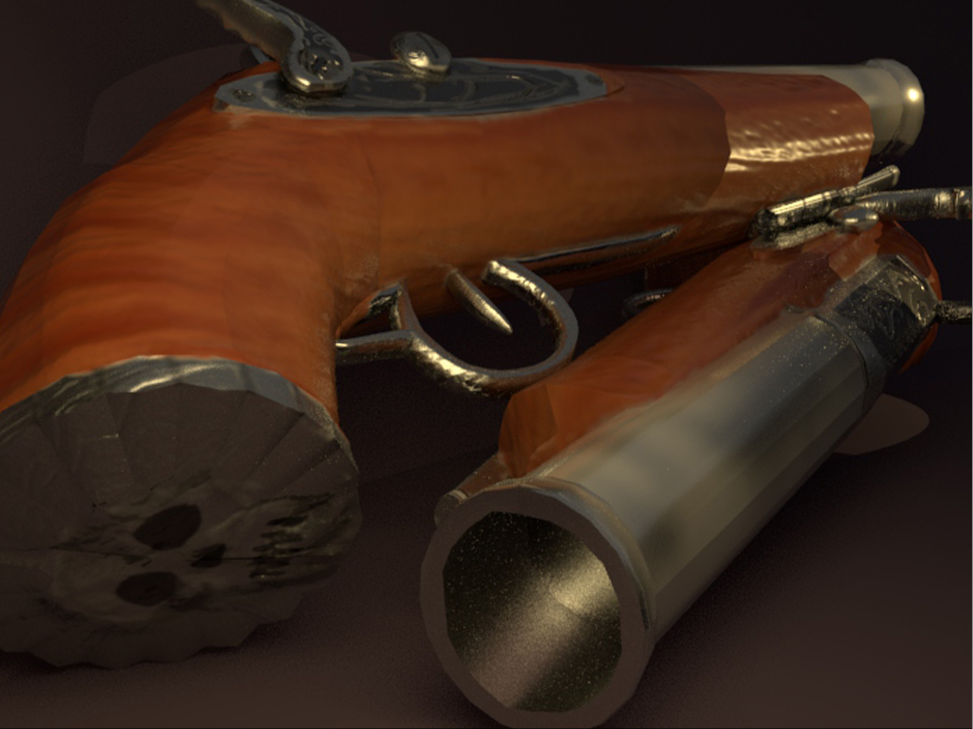 A closeup render of a 3d model of a pair of 18th century flintlock pistols. At the base of one gun, a skull engraving isi visible in the metal on the base.
