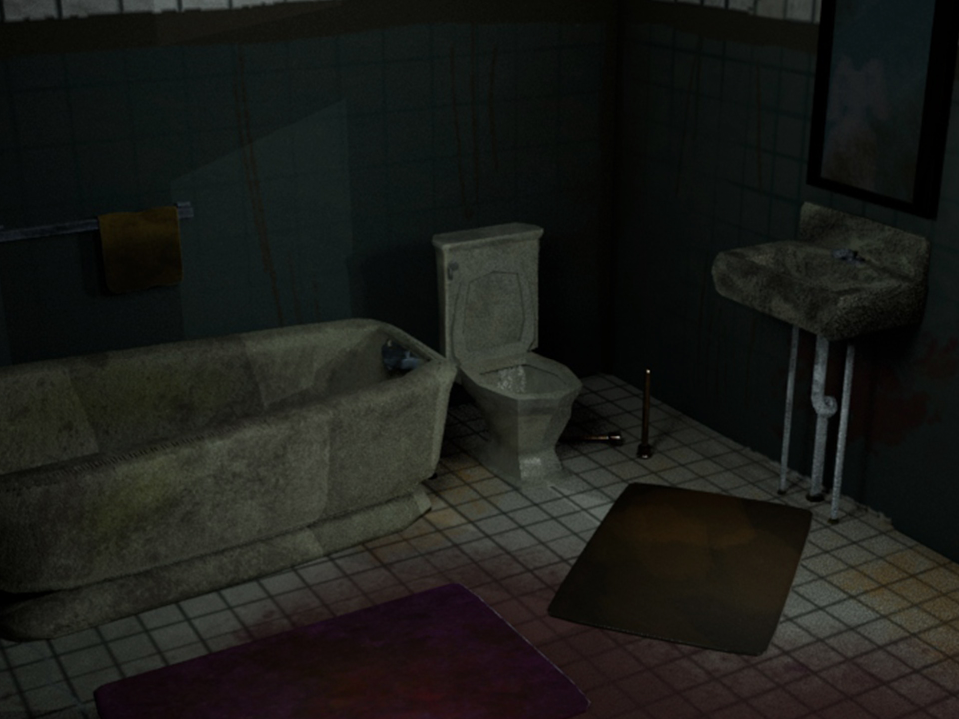 A cropped image of an incredibly dirty and decrepit bathroom, there is a large bloodstain in the corner.