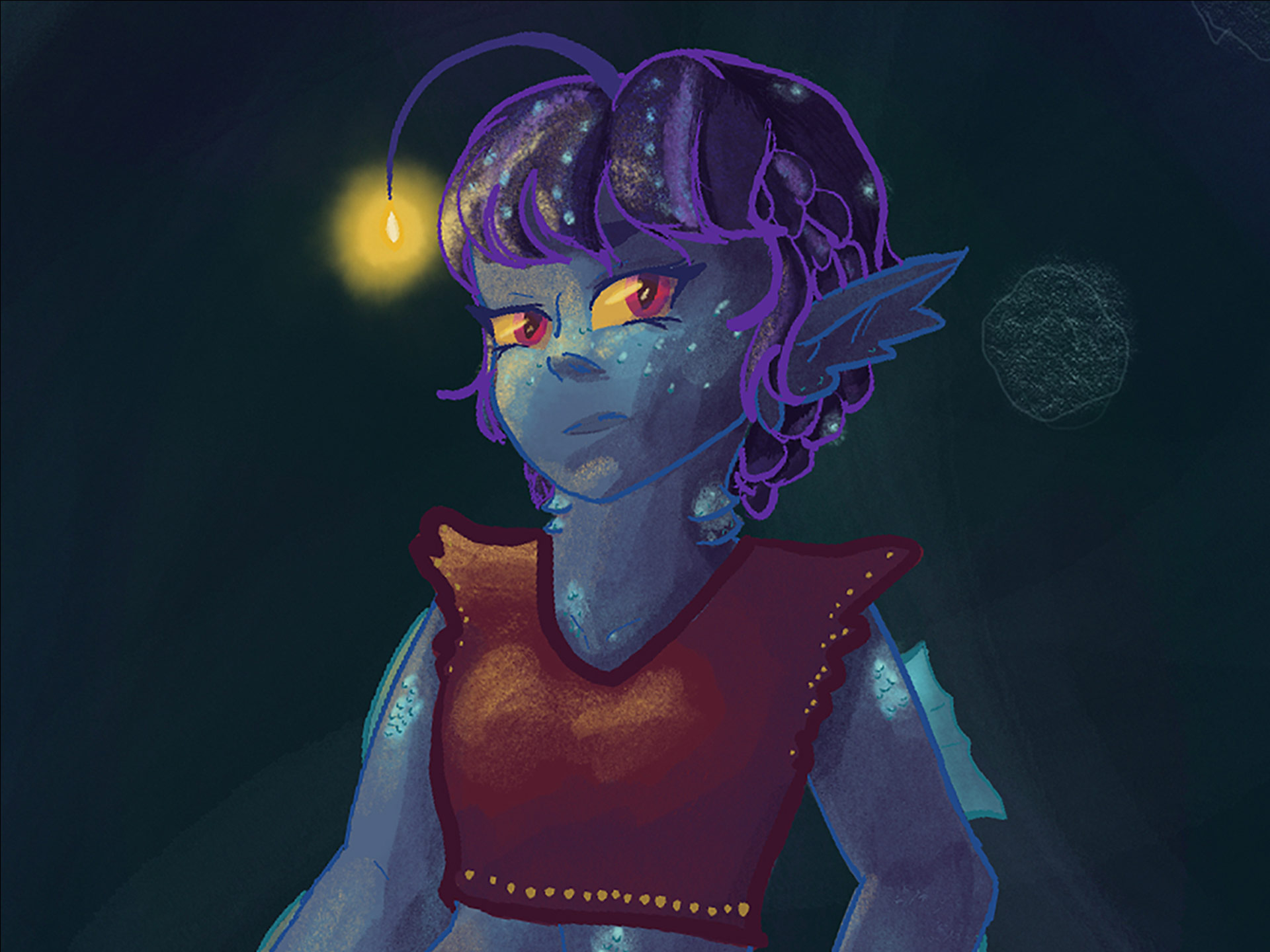 A cropped image of a blue humanoid angler fish in a red top. They have purple hair and a slight scowl.