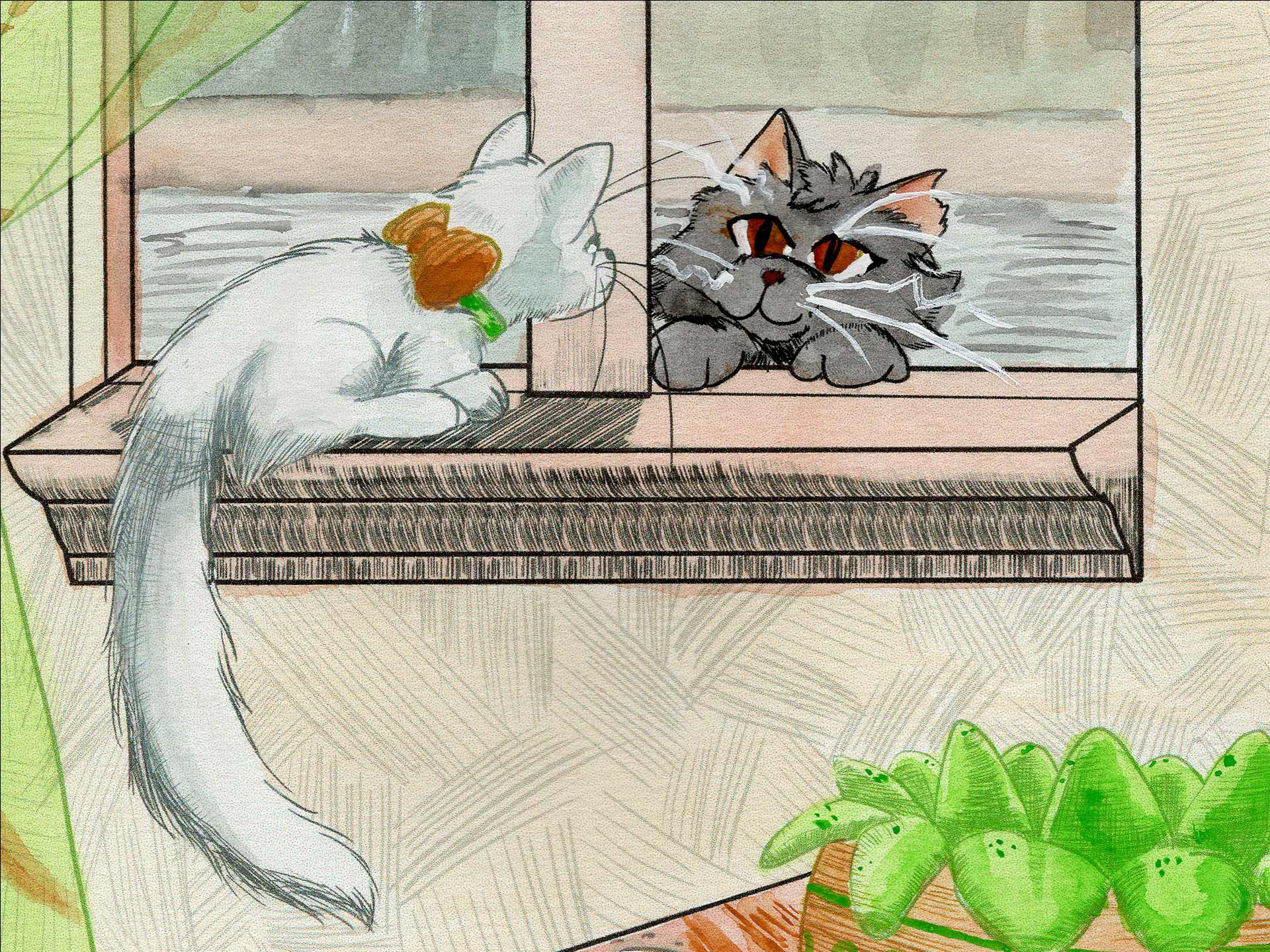 a cropped image of a watercolor pen and ink illustration of two cats sitting on opposite sides of a window. A scraggly black cat is outisde looking at an indoor white cat with a large bow.
