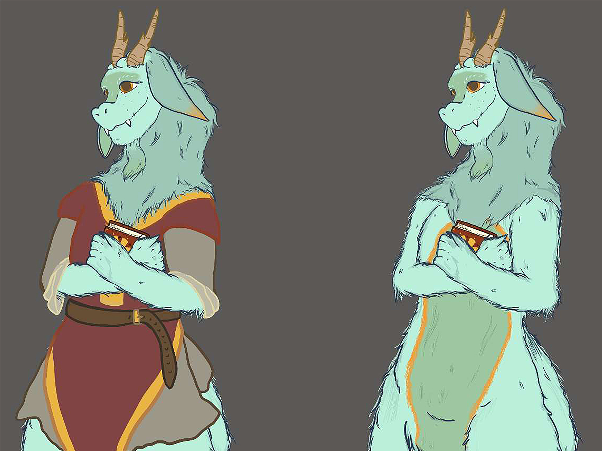 A close crop of the concept art for a fluffy, bipedal dragonborn character.