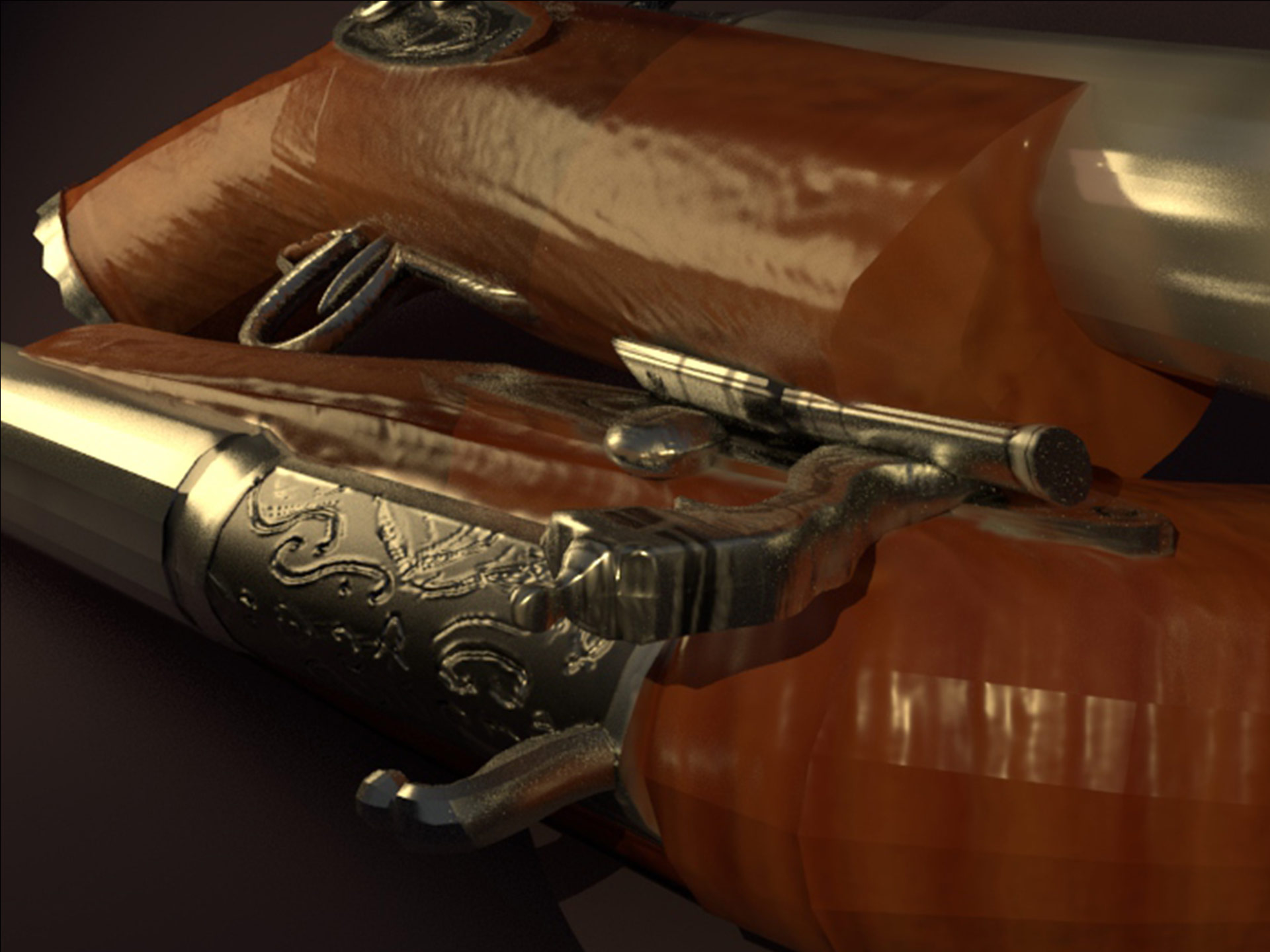 A crop of a closeup shot of a pair of 18th century flintlock pistols. The engraved pattern on the metal piece on top of the gun is visible.