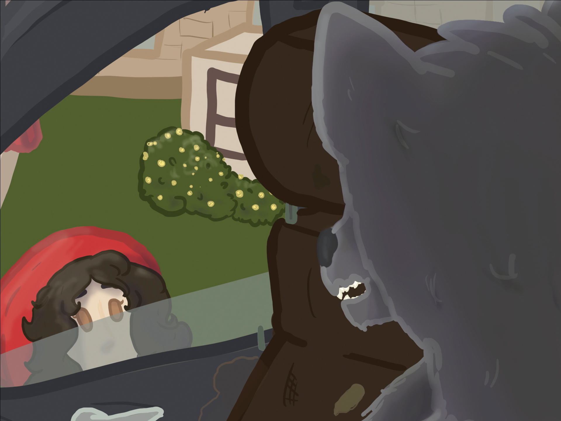 A cropped image looking over the shoulder of an anthropomorphic wolf in a dirty car, outside the rolled down window is the character little red riding hood at her school.