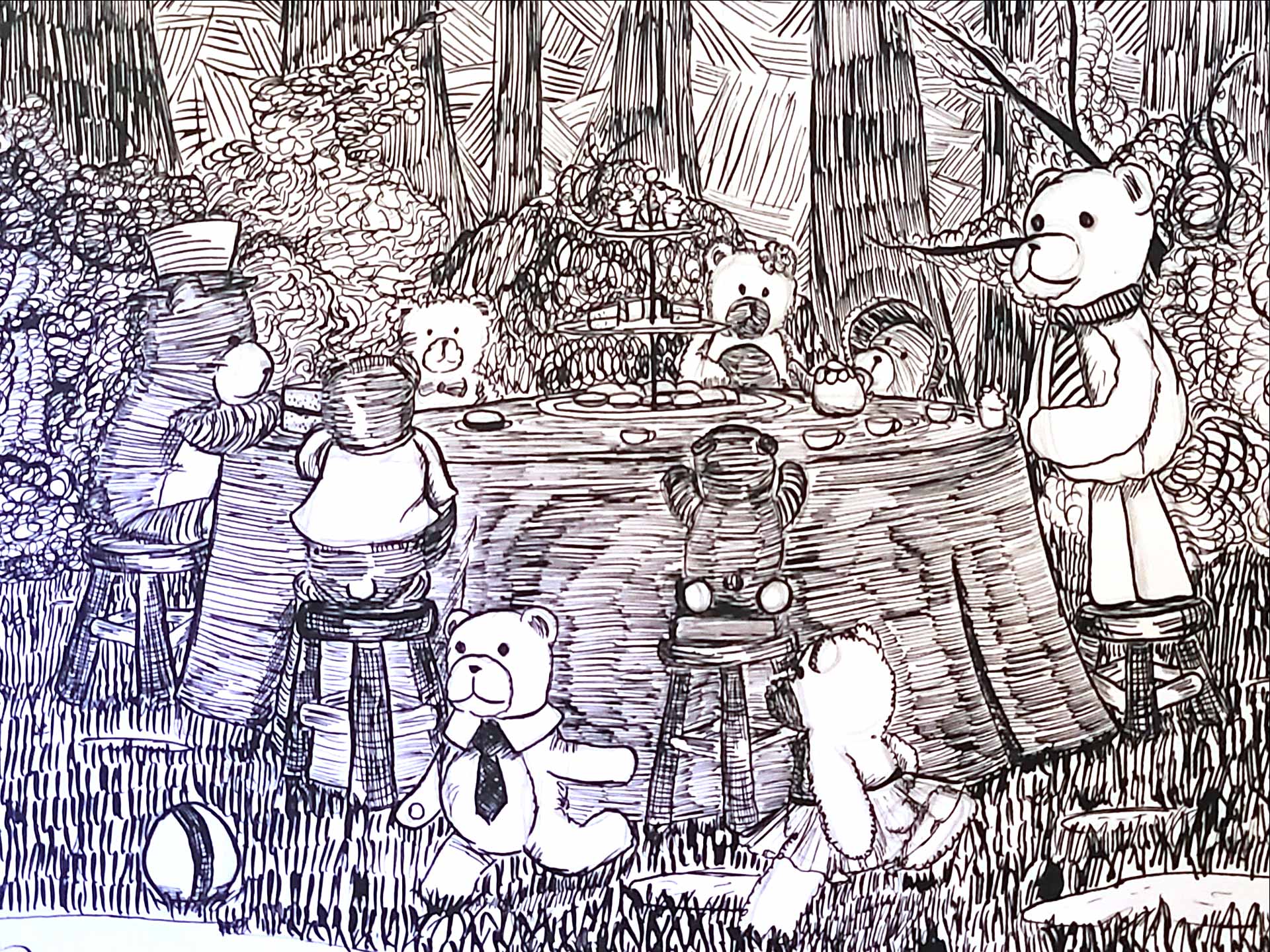 A cropped version of a dip pen illustration of several teddy bears having a picnic.
